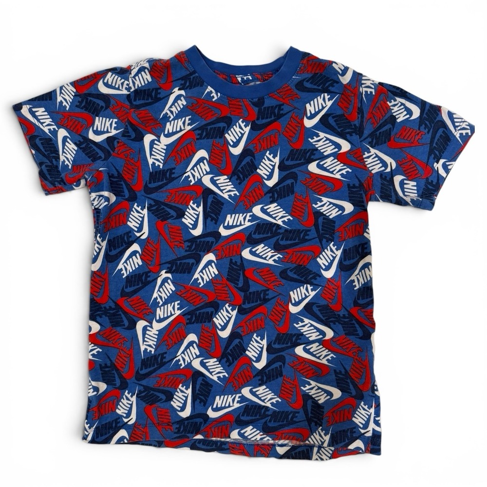 Nike Sportswear Futura AOP Logo Print T Shirt Blue Red White Youth Boys L